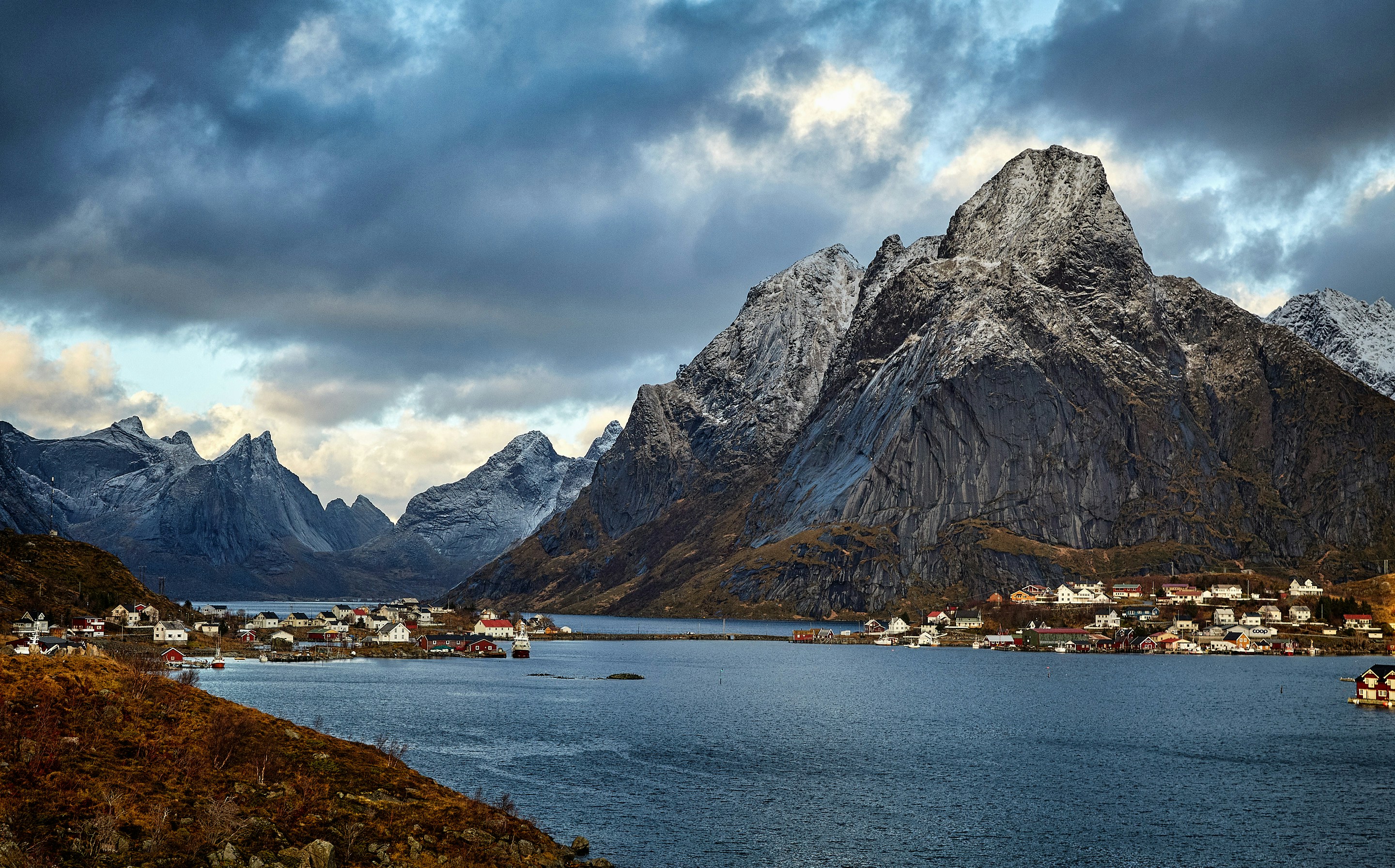 Scandinavian landscape with mountains and water